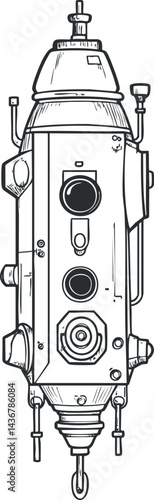 Black and white vintage line drawing of a detailed submarine or underwater exploration device used for deep sea research and marine navigation.