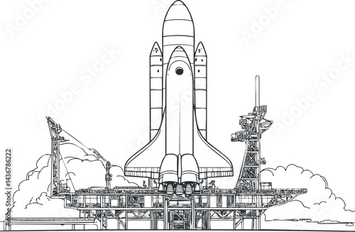 Detailed black and white line drawing of a space shuttle on launchpad ready for launch with clouds in background