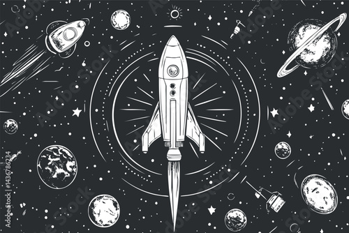 Black and white illustration of a rocket flying in space with planets, stars, and satellites surrounding it