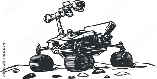 Black and white illustration of a Mars rover exploring rocky planetary surface with camera mounted