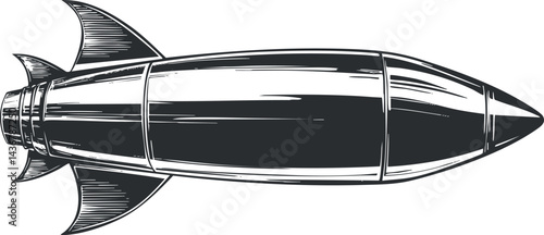 Black and white illustration of a rocket with fins and aerodynamic design for flight and space travel