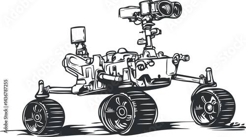 Black and white sketch of a mars rover robot used for space exploration and planetary research