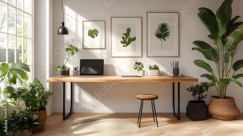 Wallpaper Mural Bright and Airy Home Office with Wooden Frames and Green Decor Torontodigital.ca