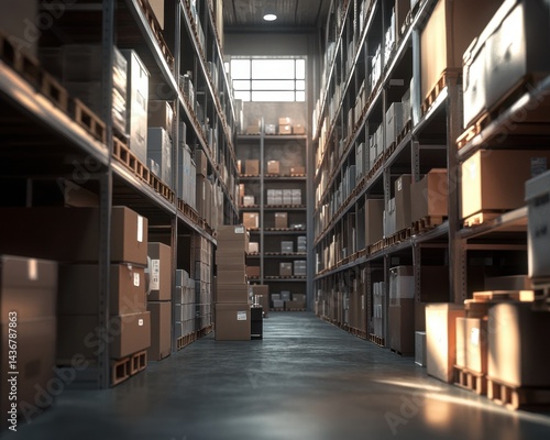 Wallpaper Mural Wide aisle of a modern warehouse filled with stacked cardboard boxes under bright lighting. Torontodigital.ca