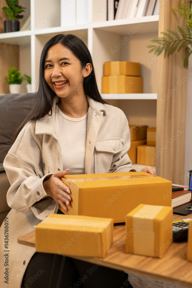 A woman is holding two boxes and smiling. She is sitting in front of a laptop. The boxes are brown and appear to be gifts. The woman seems happy and excited about the boxes
A woman is holding two boxes and smiling. She is sitting in front of a laptop. The boxes are brown and appear to be gifts. The woman seems happy and excited about the boxes