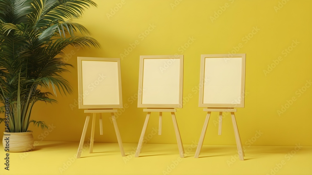 Wooden Frames on Easels with Solid Color Background and Plant Wooden Frames on Easels with Solid Color Background and Plant