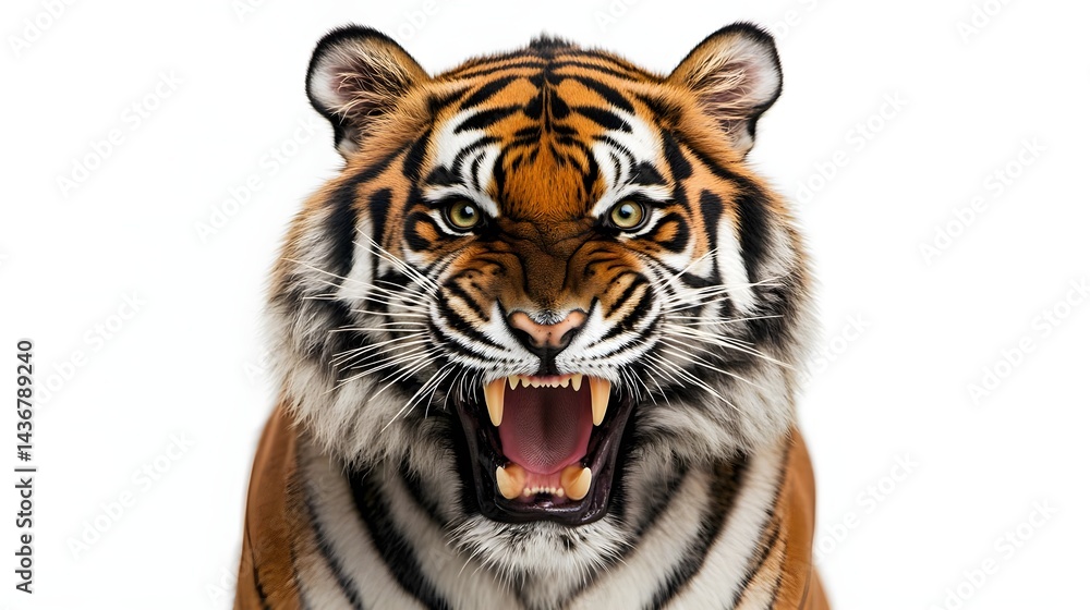 Obraz premium Roaring Tiger Isolated on White Background with Detailed Features