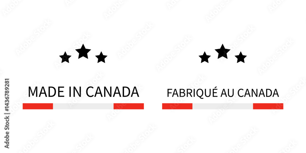 Made in Canada labels in English and in French languages. Quality mark vector icon. Perfect for logo design, tags, badges, stickers, emblem, product package, etc.