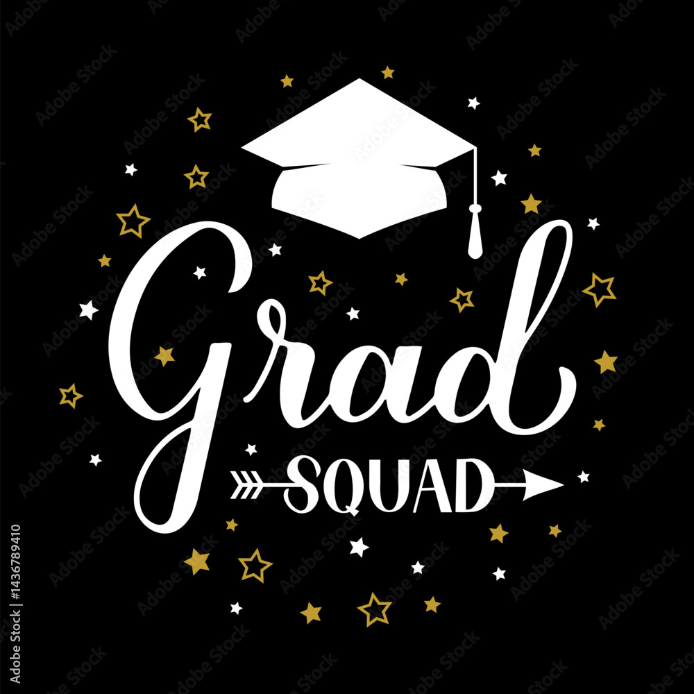 Grad squad calligraphy hand lettering with graduation hat. Funny graduation quote typography poster. Vector template for greeting card, banner, label, etc.