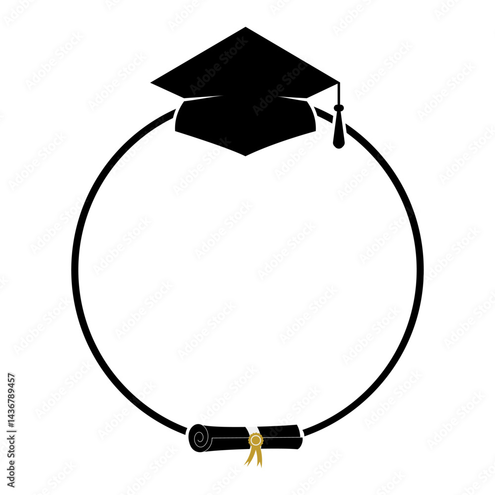 Graduation round frame template isolated on white. Vector border with graduation hat and diploma. Perfect for banner, card, poster, flyer, invitation, etc.