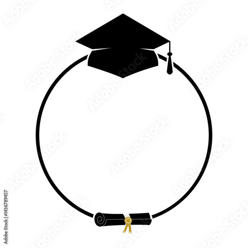 Obraz na płótnie Graduation round frame template isolated on white. Vector border with graduation hat and diploma. Perfect for banner, card, poster, flyer, invitation, etc. w salonie