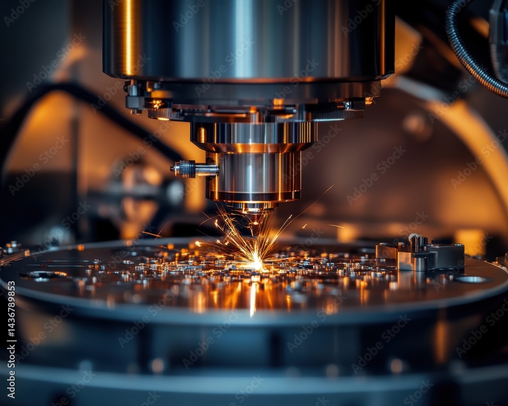 Close-up of a precision machine tool with sparks flying during a metal cutting process in a workshop. Close-up of a precision machine tool with sparks flying during a metal cutting process in a workshop.