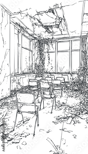 Abandoned classroom with broken chairs and windows overgrown with vines and debris inside