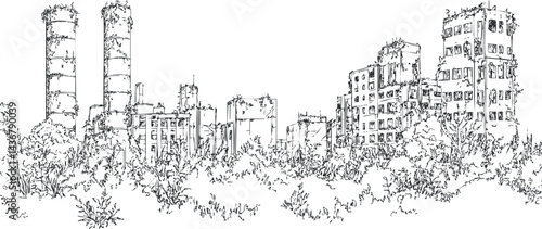 Black and white sketch of abandoned city ruins overgrown with dense vegetation and trees