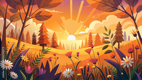 Orange and warm sunset and glade. The sun rays are shining through the wildflowers.