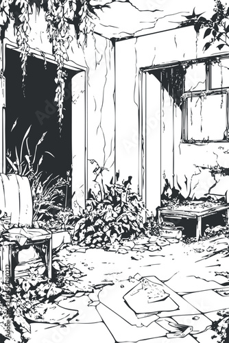 Black and white illustration of an abandoned building interior overgrown with plants and showing decay and neglect