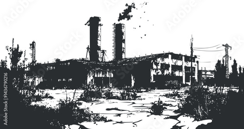 Black and white illustration of an abandoned industrial factory with smoke chimneys and surrounding ruins