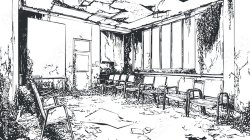 Abandoned waiting room with broken chairs and peeling walls showing decay and neglect