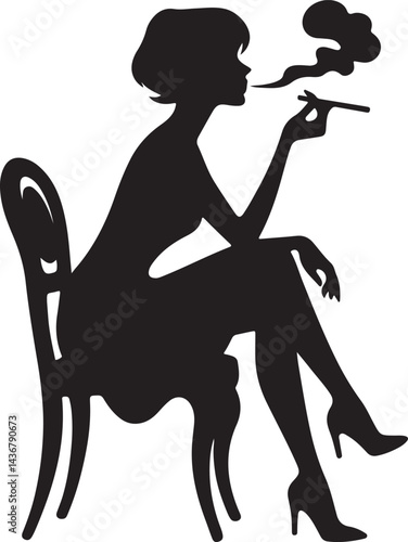lady sitting on a chair and smoking a cigarette black silhouette isolated on white background