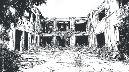 Black and white illustration of an abandoned and overgrown building courtyard with broken windows and vines