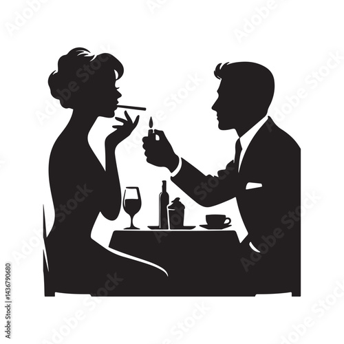 man offering a light to a woman with a cigarette, black silhouette isolated on white background