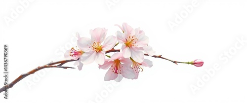 Zarte Kirschblüten auf einem Zweig vor weißem Hintergrund, minimalistische Komposition, natürliche Eleganz.