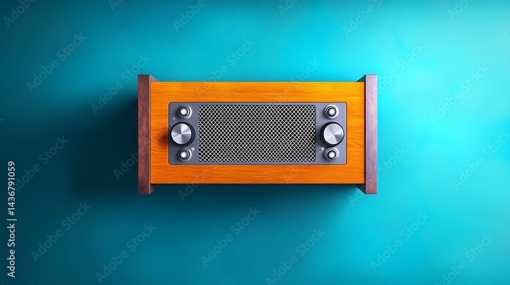 Obraz premium Vintage wooden radio on a vibrant turquoise background, showcasing retro design elements