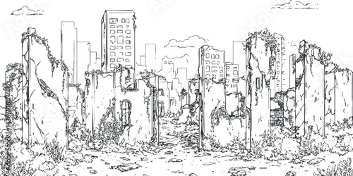 Black and white line art of a postapocalyptic city with ruined buildings overgrown by nature