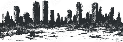 Black and white silhouette of a ruined postapocalyptic city skyline with destroyed buildings and barren foreground