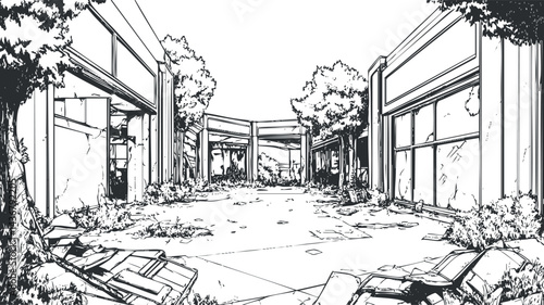 Black and white line art of an abandoned urban area with broken buildings and overgrown trees