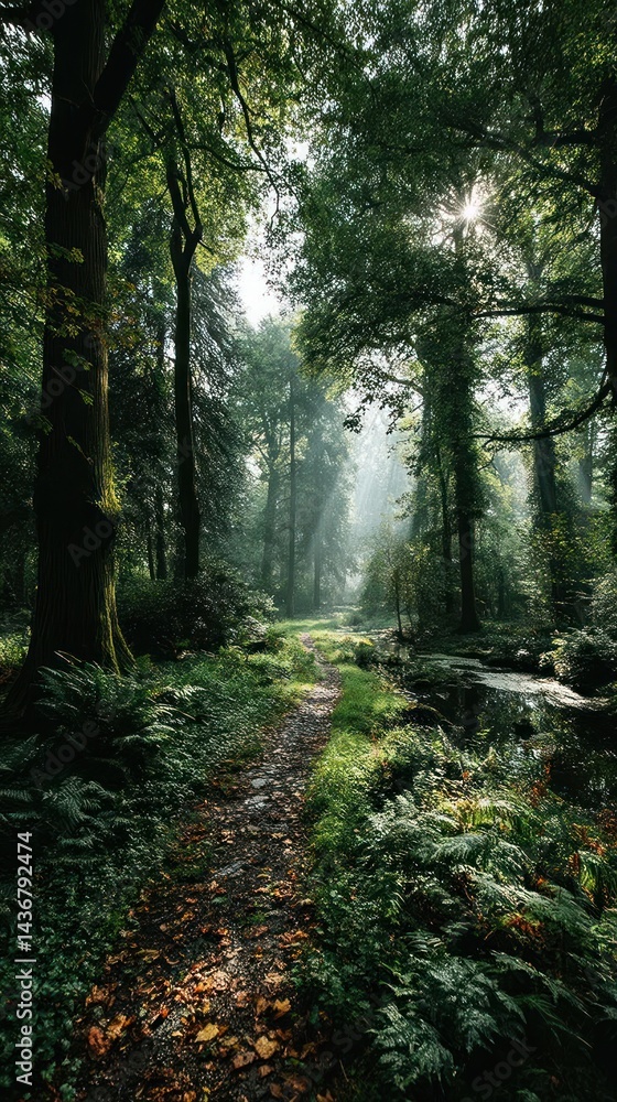 Obraz premium Lush forest path. Sunlight filters through trees