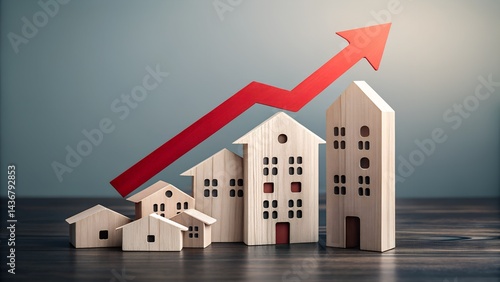 Real Estate Growth: A red arrow ascends above a row of increasing sized model houses, symbolizing growth and success in the real estate market. 