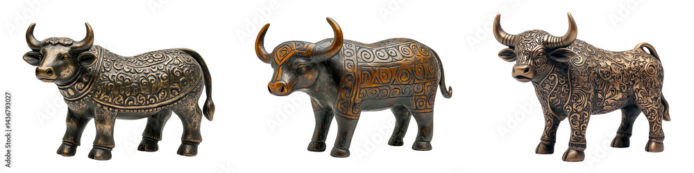 Obraz premium Three bronze bull figurines with ornate carvings and rustic finishes, adding a strong and decorative presence, isolated on a transparent background.