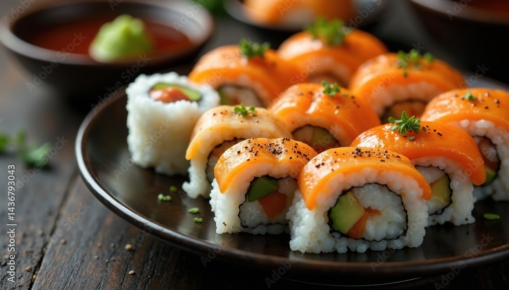 Sushi platter, various rolls, soy sauce, wasabi , texture, colorful, wasabi Sushi platter, various rolls, soy sauce, wasabi , texture, colorful, wasabi