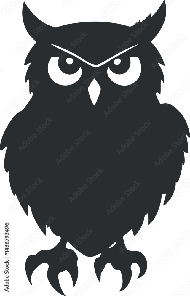 Black silhouette of an owl with sharp eyes and claws perched, symbolizing nocturnal wildlife and mystery Black silhouette of an owl with sharp eyes and claws perched, symbolizing nocturnal wildlife and mystery