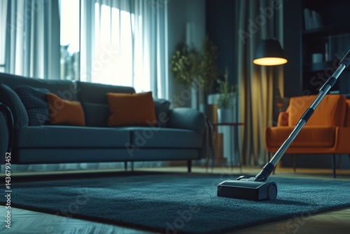 Wallpaper Mural A modern living room with a sleek vacuum cleaner resting on a plush carpet, highlighting an inviting atmosphere. Torontodigital.ca