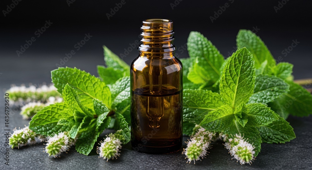Fresh Mint Essential Oil with Green Leaves and Flowers on Dark Background Fresh Mint Essential Oil with Green Leaves and Flowers on Dark Background