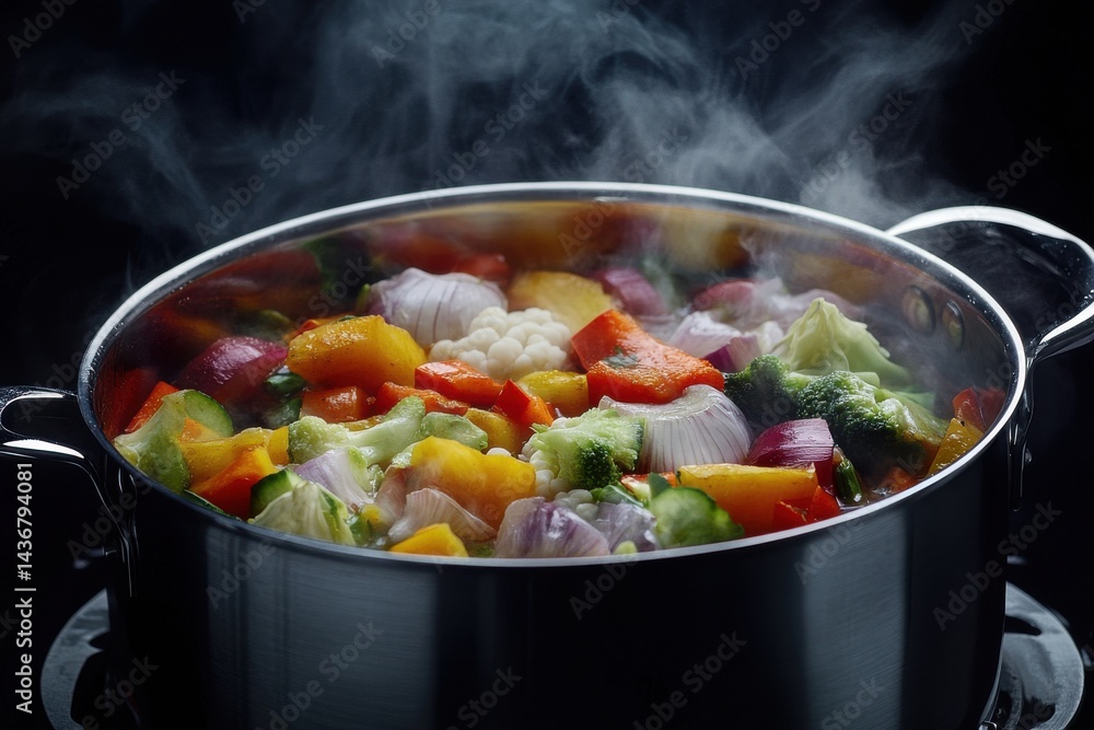 A vibrant, steaming pot of colorful vegetables, including bell peppers, broccoli, and cauliflower. A vibrant, steaming pot of colorful vegetables, including bell peppers, broccoli, and cauliflower.