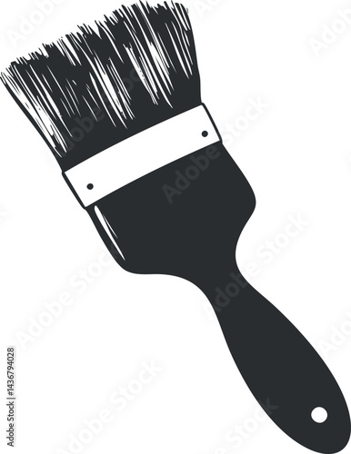 Black and white illustration of a paintbrush with bristles and a handle for painting and decorating tasks.