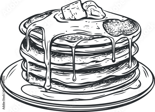 Black and white illustration of a stack of pancakes with melting butter and dripping syrup on a plate