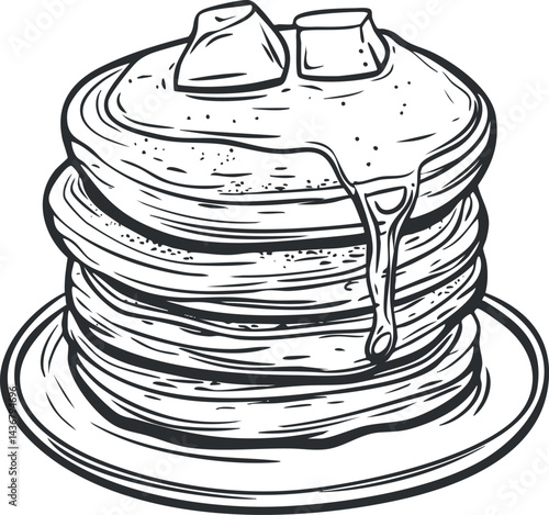Hand drawn stack of pancakes with melting butter and syrup dripping on a plate for breakfast