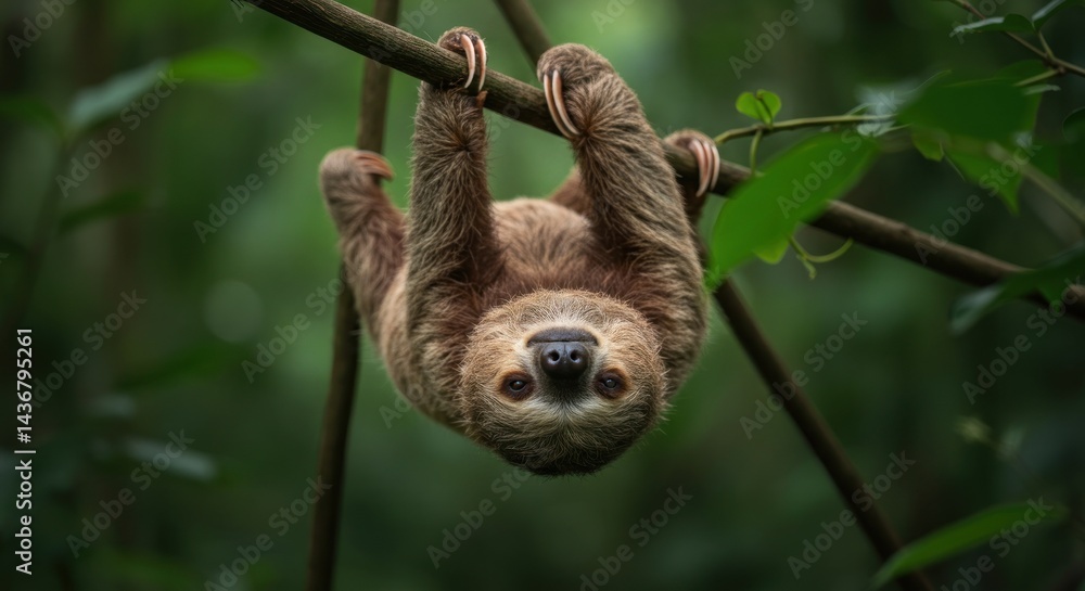 Fototapeta premium Sloth hanging upside down, Photo