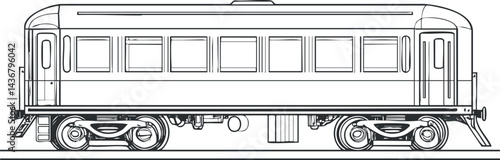 Side view outline illustration of a vintage passenger train railcar with windows and wheels on tracks.
