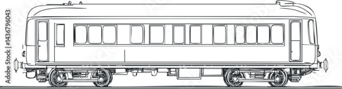 Side view illustration of a passenger train railcar with multiple windows and wheels on tracks