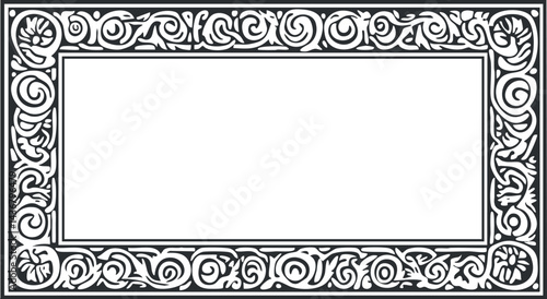 Decorative vintage rectangular frame with ornate black and white floral scroll design border
