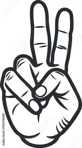 Black and white illustration of a hand showing the peace or victory sign with two fingers raised.