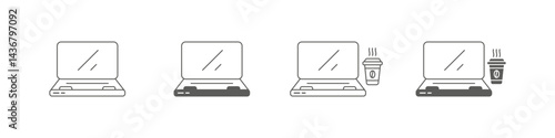 Simple vector icons showing a laptop alone and with a coffee cup, representing work, remote jobs, and productivity themes.