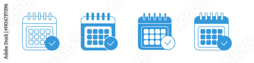 Set of blue calendar icons representing organization, scheduling, planning, events, and date management in a simple modern design.