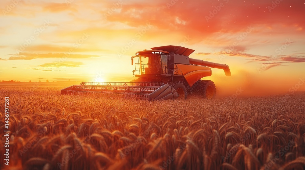 Fototapeta premium Harvester at golden sunset in wheat field