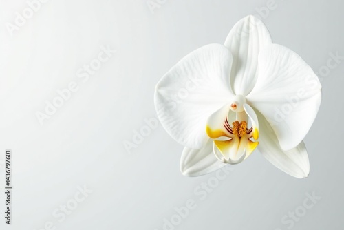 Delicate white orchid blossom against pure white backdrop, isolated, beauty, closeup